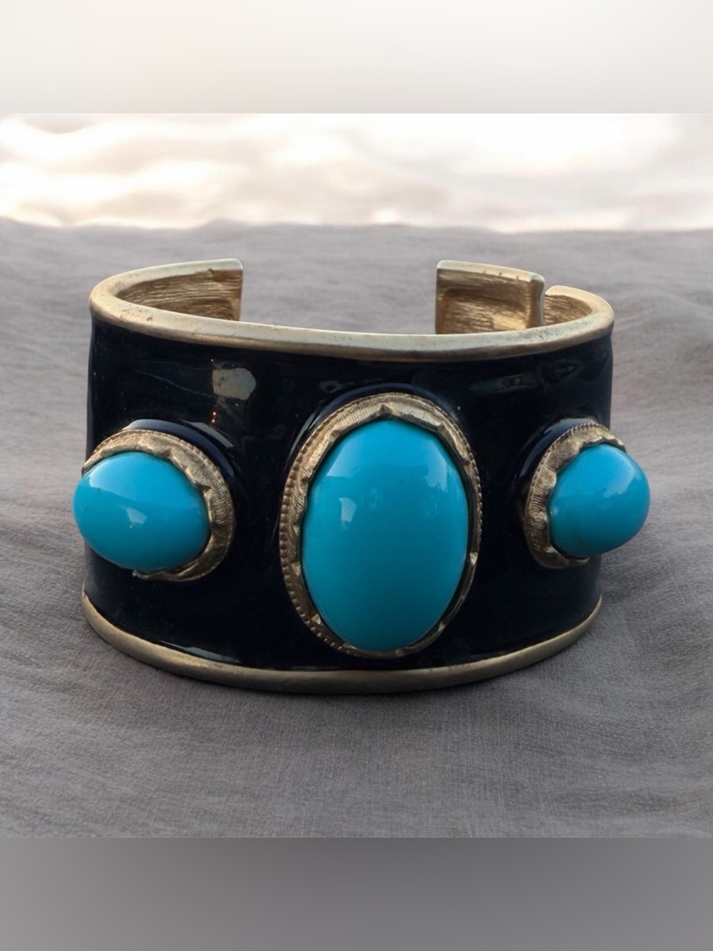 Vintage Kenneth Jay Lane Turquoise Cabochon Black Enamel Gold Tone Cuff Bracelet